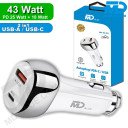 MDBlue - Auto oplader - 1 x USB A - 1 x USB-C Connection - Snellader - 43 Watt - Wit