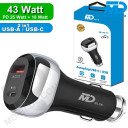 MDBlue - Auto oplader - 1 x USB A - 1 x USB-C Connection - Snellader - 43 Watt - Zwart