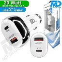 MDBlue - Auto oplader - 1 x USB A - 1 x USB-C Connection - Snellader - 3.1 Amp - Wit 