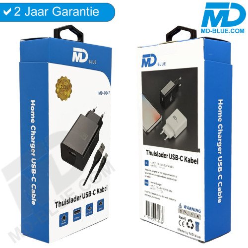 MDblue USB-A Oplader 2.0A met USB C kabel 1 meter - Zwart