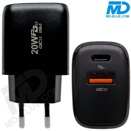 MDBlue - Oplader - 1x USB-A - 1x USB-C - 20 Watt - Zwart