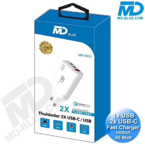 MDblue oplaadstekker - Oplader - Adapter - 2 x USB-C - 1 x USB-A  - Snellader - 65 Watt - Wit