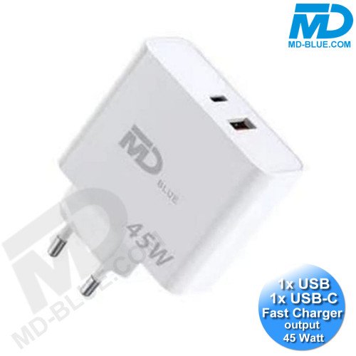 MDblue - Oplader - 1 x USB-C - 1 x USB-A - Snellader - 45 Watt - Wit