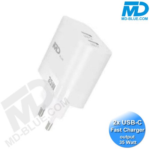MDblue oplaadstekker - Oplader - Adapter - 2 x USB-C - 35 Watt - Wit