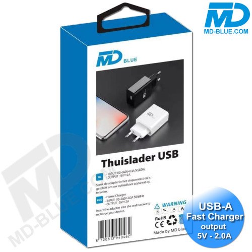 MDblue - Oplaad stekker - 1 x USB  - Oplader - Snellader - 2.0A - Wit