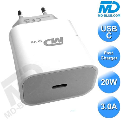 MDBlue - Thuislader - 1 x USB-C - Oplader - Snellader - 3.0A - Wit