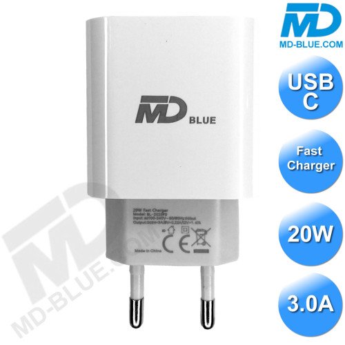 MDBlue - Thuislader - 1 x USB-C - Oplader - Snellader - 3.0A - Wit