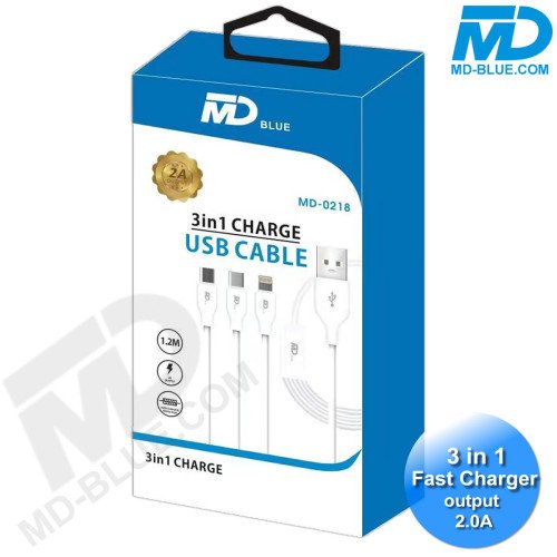 MDblue - 3 in 1 Oplaadkabel - USB-A > Micro USB, 8 Pin Lightning, USB-C - 2.0 Amp -Wit