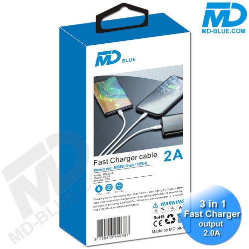 MDblue - 3 in 1 Oplaadkabel - USB-A > Micro USB, 8 Pin Lightning, USB-C - 2.0 Amp -Wit