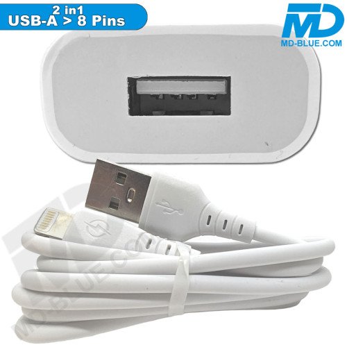 MDblue - Oplaadset - Oplader USB-A - Oplaadkabel USB-A > 8 Pin 1mtr