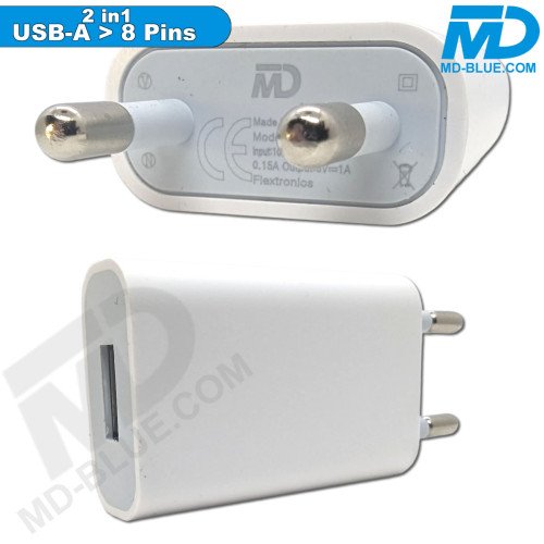 MDblue - Oplaadset - Oplader USB-A - Oplaadkabel USB-A > 8 Pin 1mtr