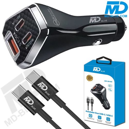 MDBlue - Auto oplader - 2 x USB C - 1 x USB-A  - Snellader - 50 Watt - incl-1 mtr kabel - Zwart