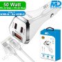 MDBlue - Auto oplader - 2 x USB C - 1 x USB-A  - Snellader - 50 Watt - incl. 1 mtr kabel USB-C naar Lighting - Wit