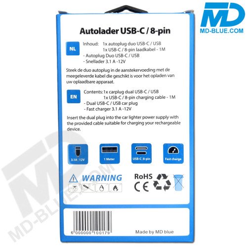 MDblue - Oplaad stekker - Duo USB - Auto oplader - Snellader - incl 1 meter oplaadkabel USB C - Zwart