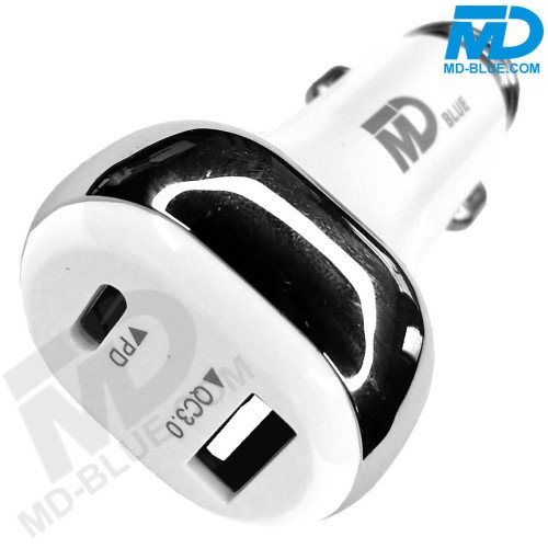 MDBlue - Auto oplader - 1 x USB A - 1 x USB-C Connection - Snellader - 3.1 Amp - Wit 