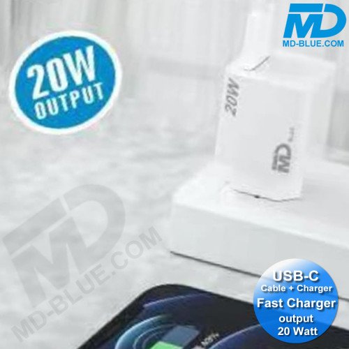 MDblue 20W USB-C Snellader met 1m USB-C naar USB-C Kabel – Compacte en Krachtige Thuislader voor Smartphone & Tablet