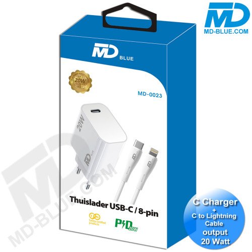 MDblue - Oplaadset geschikt voor iPhone - inclusief oplaadkabel  - 20 Watt -1 mtr - wit 