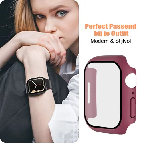 Apple Watch Screenprotector - Case - Hoesje - Apple Watch Series  6, 5, 4 en SE 44 mm - 9H Gehard Glas - Bordeaux Rood