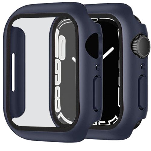 Apple Watch Screenprotector - Case - Hoesje - Apple Watch Series 7 - Apple Watch Series 8 - 45 mm - 9H Gehard Glas - Donker Blauw
