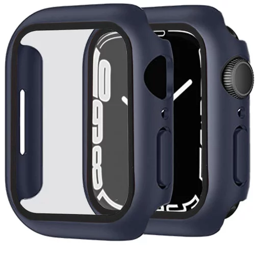 Apple Watch Screenprotector - Case - Hoesje - Apple Watch Series  6, 5, 4 en SE 44 mm - 9H Gehard Glas - Donker Blauw