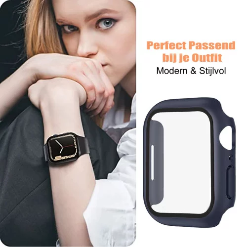 Apple Watch Screenprotector - Case - Hoesje - Apple Watch Series  6, 5, 4 en SE 44 mm - 9H Gehard Glas - Donker Blauw