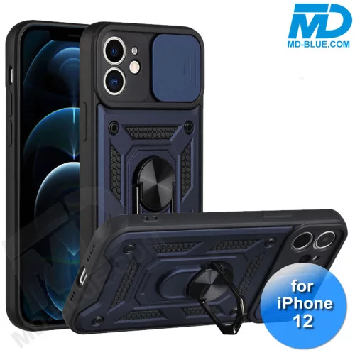 iPhone 12 Telefoonhoesje - Armor Case - Lens Protector - Met Ring - Donker Blauw