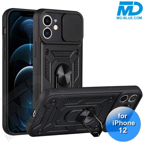 iPhone 12 Telefoonhoesje - Armor Case - Lens Protector - Met Ring - Zwart