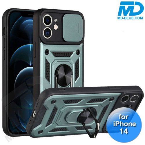 iPhone 14 Telefoonhoesje - Armor Case - Lens Protector - Met Ring - Groen