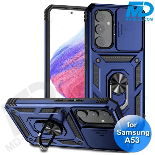 Samsung A53 Telefoonhoesje - Armoured Case - Lens Protector - Met Ring - Donker Blauw