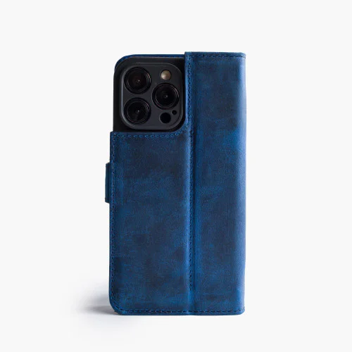 iPhone 13 Pro Max telefoonhoesje - Echt Leer - Book Case - Hoesje met Kaarthouder - Blauw