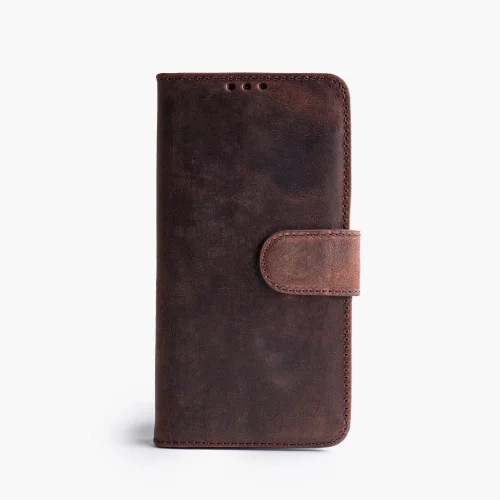 iPhone 14 Pro telefoonhoesje - Echt Leer - Book Case - Hoesje met Kaarthouder - Donkerbruin