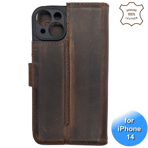 iPhone 13/14 telefoonhoesje - Echt Leer - Book Case - Hoesje met Kaarthouder - Donker Bruin