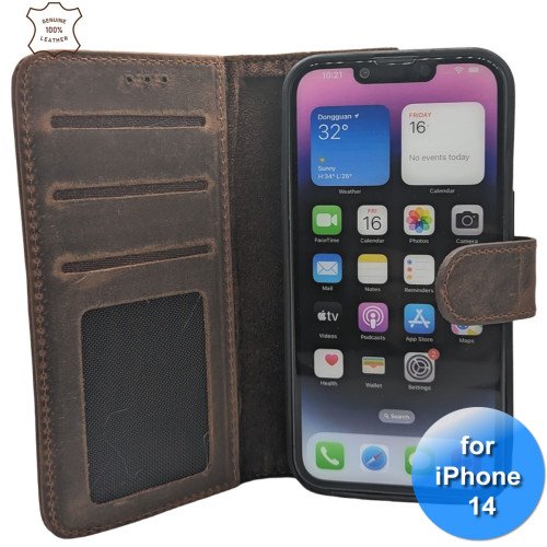 iPhone 13/14 telefoonhoesje - Echt Leer - Book Case - Hoesje met Kaarthouder - Donker Bruin