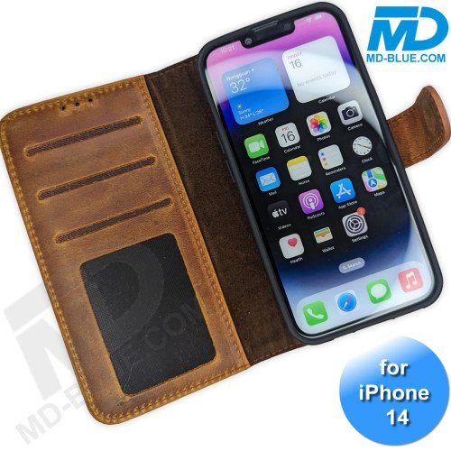 iPhone 13/14 telefoonhoesje - Echt Leer - Book Case - Hoesje met Kaarthouder - Licht Bruin