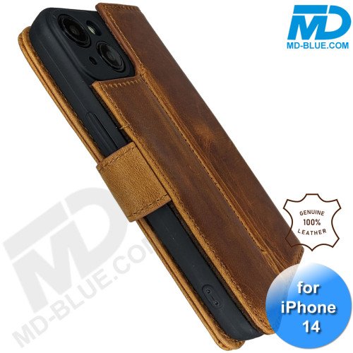 iPhone 13/14 telefoonhoesje - Echt Leer - Book Case - Hoesje met Kaarthouder - Licht Bruin