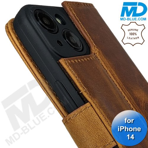 iPhone 13/14 telefoonhoesje - Echt Leer - Book Case - Hoesje met Kaarthouder - Licht Bruin