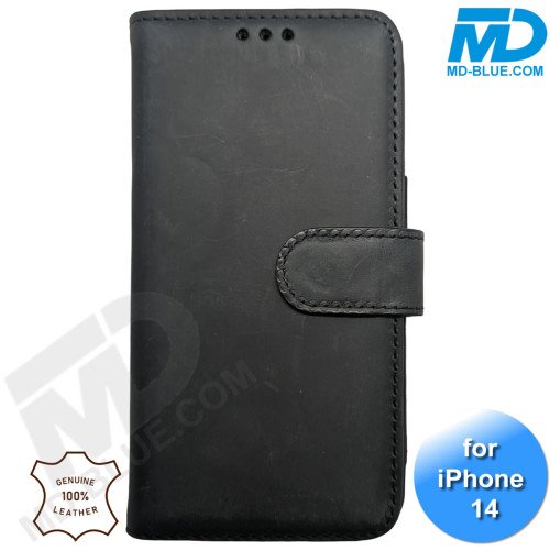 iPhone 13/14 telefoonhoesje - Echt Leer - Book Case - Hoesje met Kaarthouder - Zwart