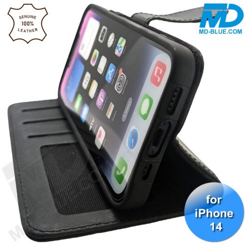 iPhone 13/14 telefoonhoesje - Echt Leer - Book Case - Hoesje met Kaarthouder - Zwart