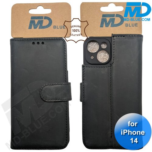 iPhone 13/14 telefoonhoesje - Echt Leer - Book Case - Hoesje met Kaarthouder - Zwart