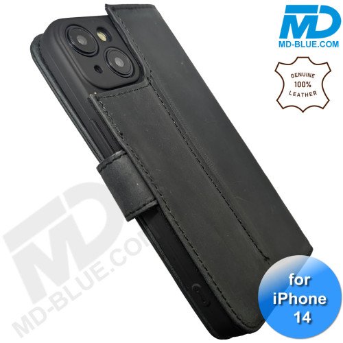 iPhone 13/14 telefoonhoesje - Echt Leer - Book Case - Hoesje met Kaarthouder - Zwart