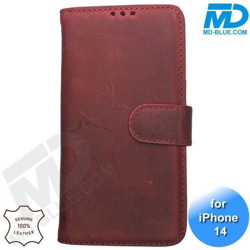 iPhone 13/14 telefoonhoesje - Echt Leer - Book Case - Hoesje met Kaarthouder - Rood