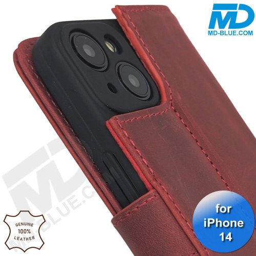 iPhone 13/14 telefoonhoesje - Echt Leer - Book Case - Hoesje met Kaarthouder - Rood