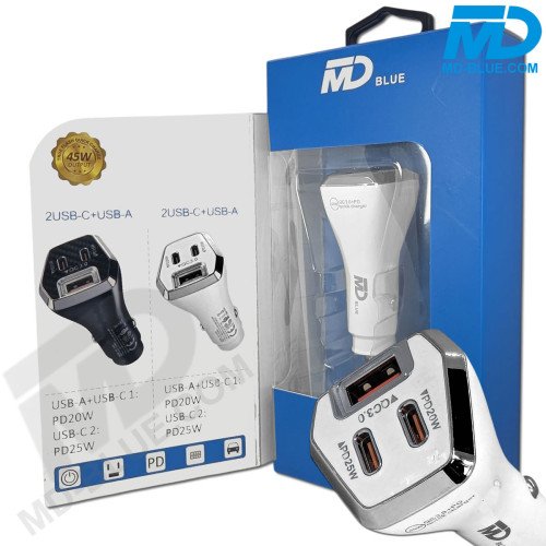 MDblue 45W Autolader – 2x USB-C & 1x USB-A | Snelle en slimme oplader voor onderweg