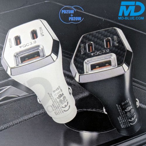 MDblue 45W Autolader – 2x USB-C & 1x USB-A | Snelle en slimme oplader voor onderweg