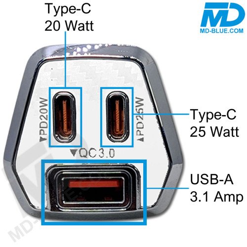 MDblue 45W Autolader – 2x USB-C & 1x USB-A | Snelle en slimme oplader voor onderweg