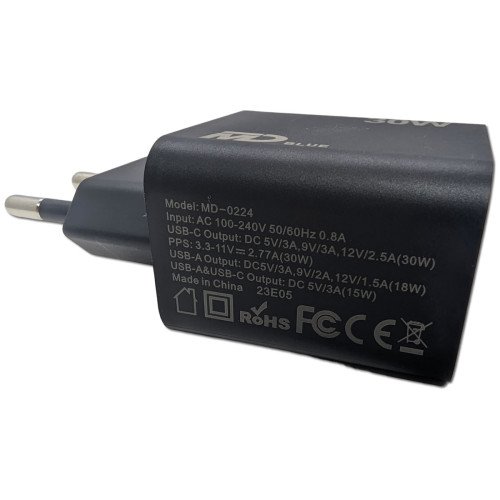 MDblue - Oplader - 1 x USB-C - 1 x USB-A - Snellader - 30 Watt - Zwart