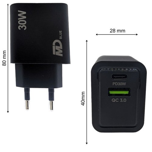 MDblue - Oplader - 1 x USB-C - 1 x USB-A - Snellader - 30 Watt - Zwart
