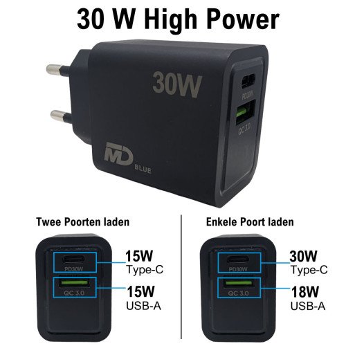 MDblue - Oplader - 1 x USB-C - 1 x USB-A - Snellader - 30 Watt - Zwart