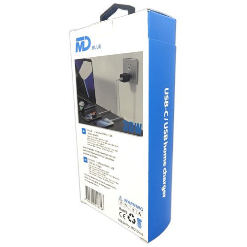MDblue - Oplader - 1 x USB-C - 1 x USB-A - Snellader - 30 Watt - Zwart