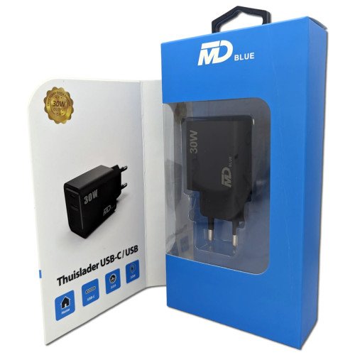 MDblue - Oplader - 1 x USB-C - 1 x USB-A - Snellader - 30 Watt - Zwart
